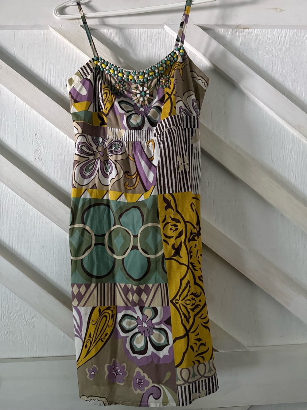 Beaded-Neck Patchwork Print Spaghetti Strap Dress - Multi